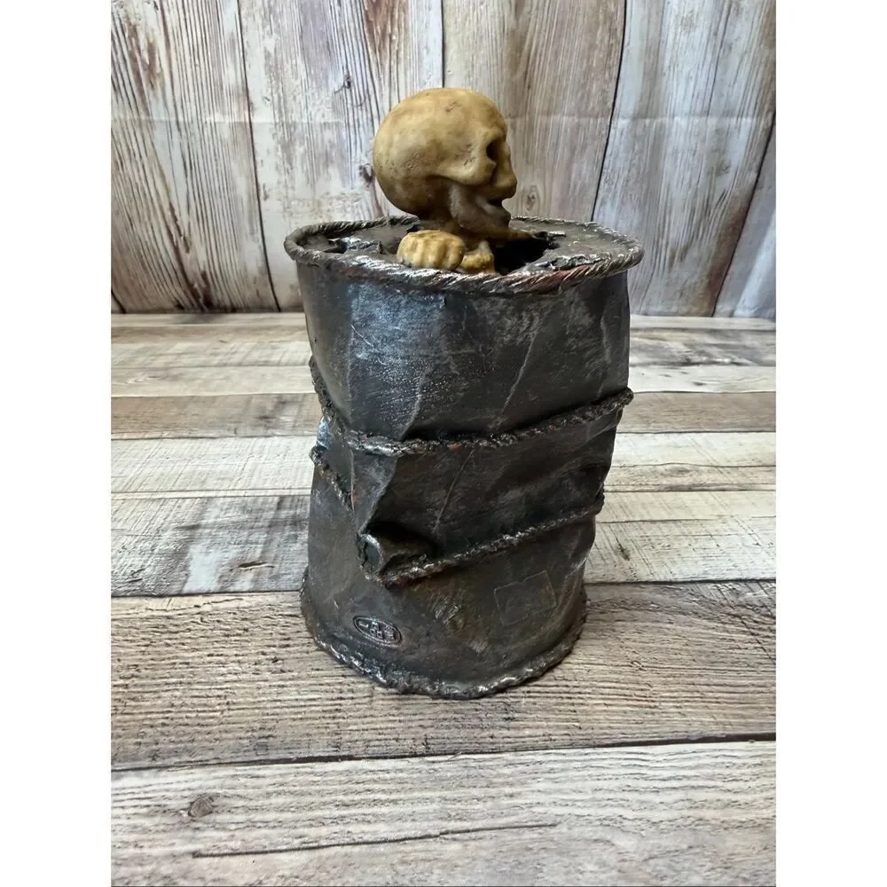 Halloween Creepy Skeleton Barrel Coin Bank Spooky Horror Decor Gothic Distressed